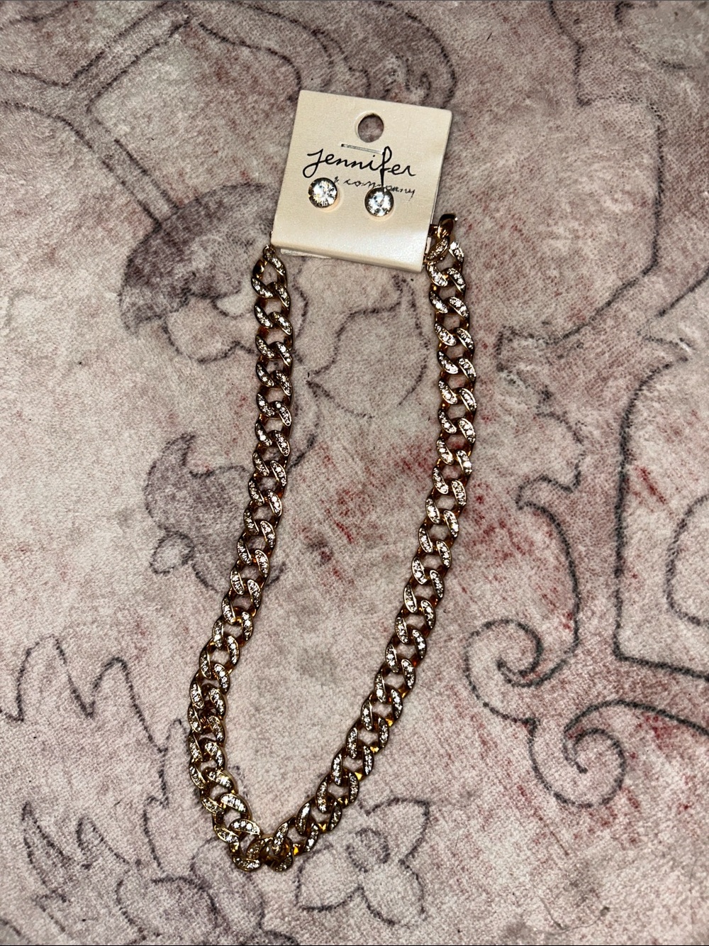 Jenni Gold-Tone Crystal Cuban Link Necklace with Matching Studs